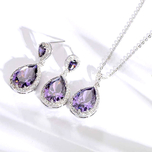 18k Plated Amethyst Teardrop CZ Crystal Zircon Rhinestone Necklace Earrings Set - Picture 2 of 6